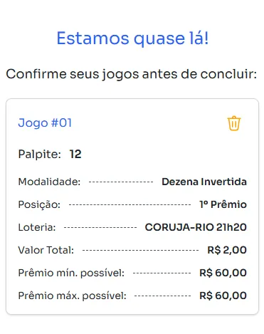 Seção de confirmação de apostas para jogar na Dezena Invertida.