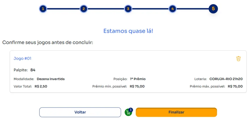 Seção de confirmação de apostas para jogar na Dezena Invertida.