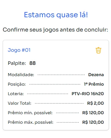 Seção de confirmação de apostas para jogar na Dezena.