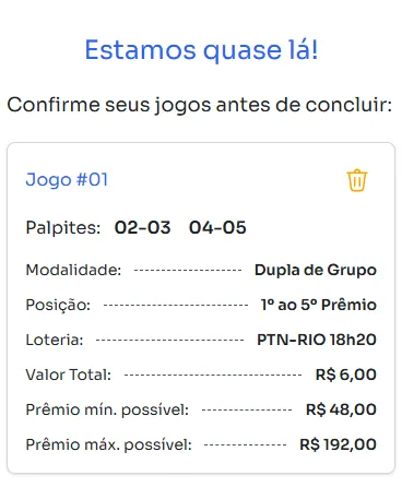 Seção de confirmação de apostas para jogar na Dupla de Grupo.