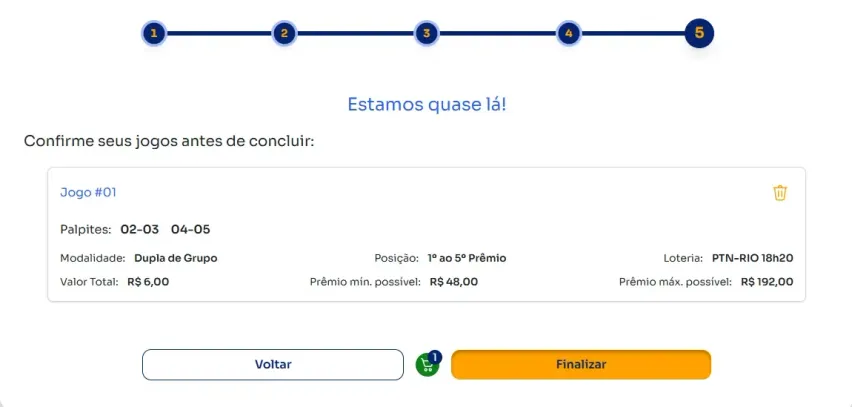 Seção de confirmação de apostas para jogar na Dupla de Grupo.