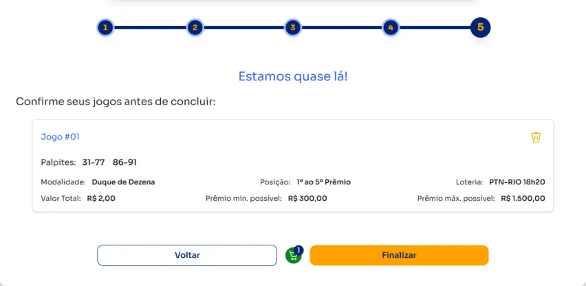 Seção de confirmação de apostas para jogar na Duque de Dezena.