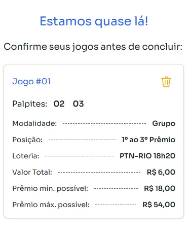 Seção de confirmação de apostas para jogar na Grupo.