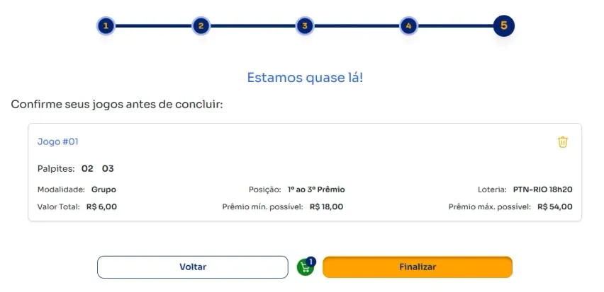 Seção de confirmação de apostas para jogar na Grupo.
