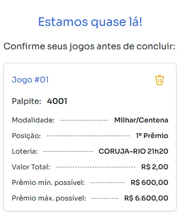 Seção de confirmação de apostas para jogar na Milhar/centena.