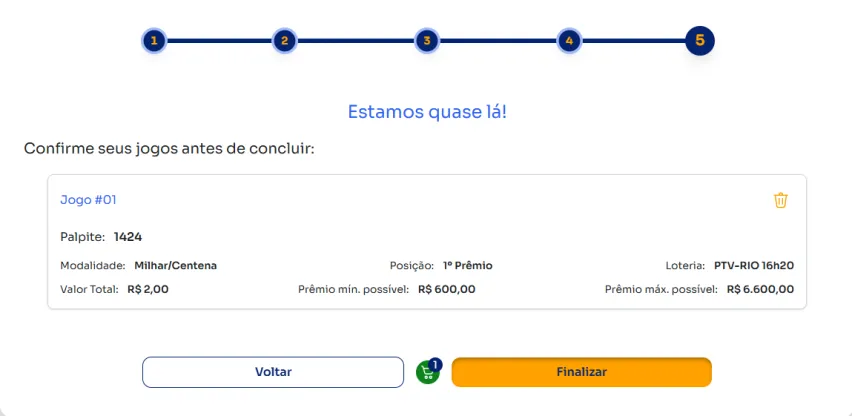 Seção de confirmação de apostas para jogar na Milhar/centena.