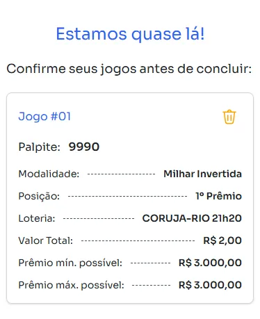 Seção de confirmação de apostas para jogar na Milhar Invertida.