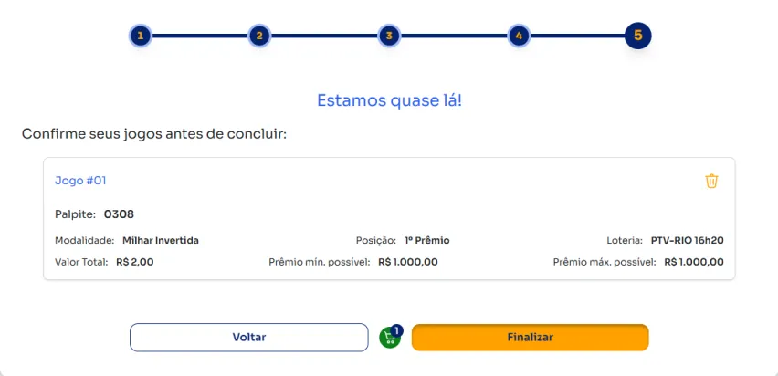 Seção de confirmação de apostas para jogar na Milhar Invertida.