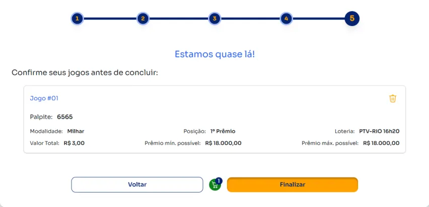 Seção de confirmação de apostas para jogar na Milhar.