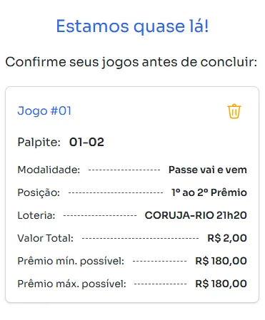 Seção de confirmação de apostas para jogar na Passe vai e vem.