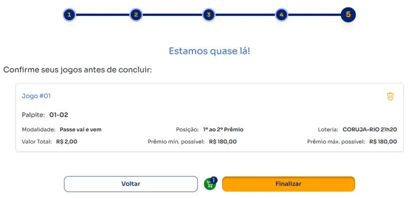Seção de confirmação de apostas para jogar na Passe vai e vem.