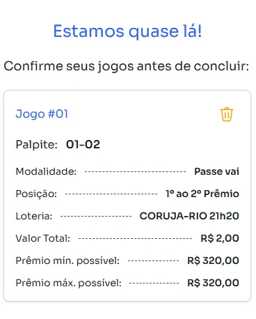 Seção de confirmação de apostas para jogar na Passe vai.