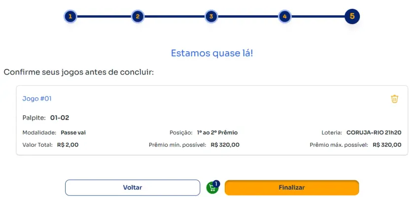 Seção de confirmação de apostas para jogar na Passe vai.