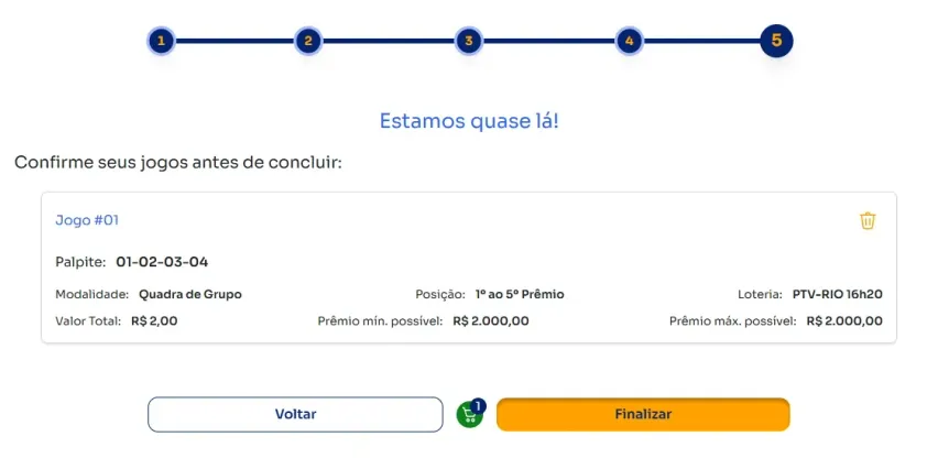 Seção de confirmação de apostas para jogar na Quadra de Grupo.