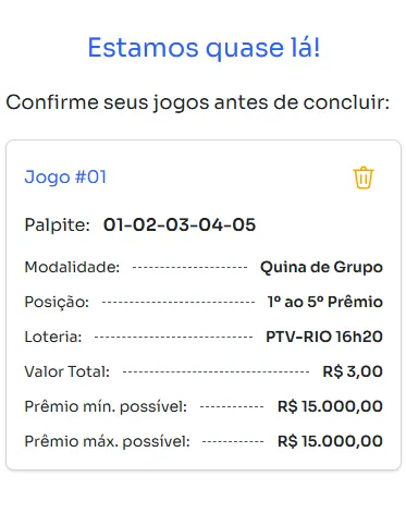 Seção de confirmação de apostas para jogar na Quina de Grupo.