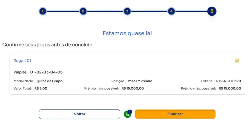 Seção de confirmação de apostas para jogar na Quina de Grupo.