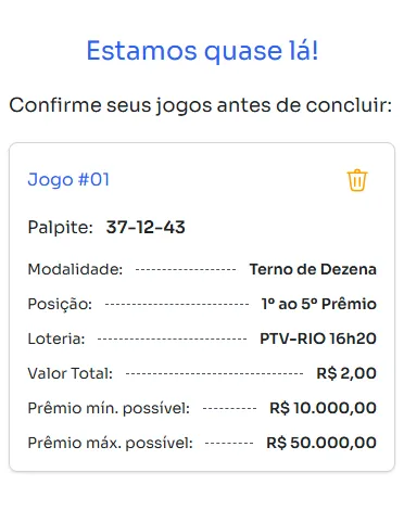 Seção de confirmação de apostas para jogar na Terno de Dezena.