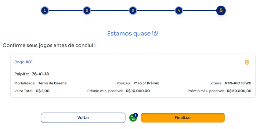Seção de confirmação de apostas para jogar na Terno de Dezena.