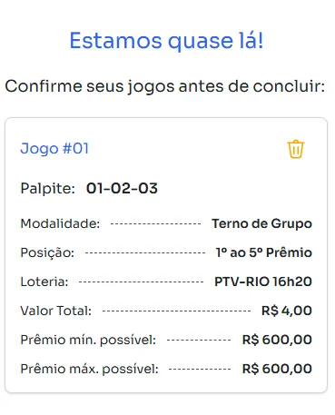 Seção de confirmação de apostas para jogar na Terno de Grupo.