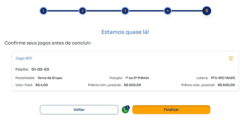 Seção de confirmação de apostas para jogar na Terno de Grupo.