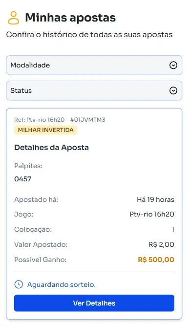 Seção de histórico de apostas para dispositivos móveis.