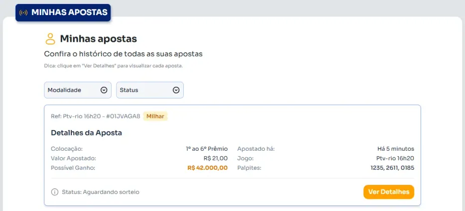 Seção de histórico de apostas.