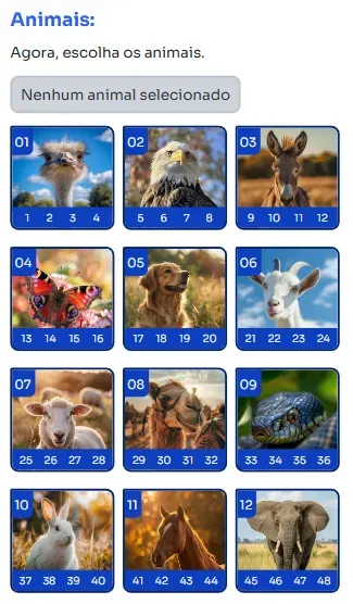 Seção de animais para jogar no Passe vai e vem