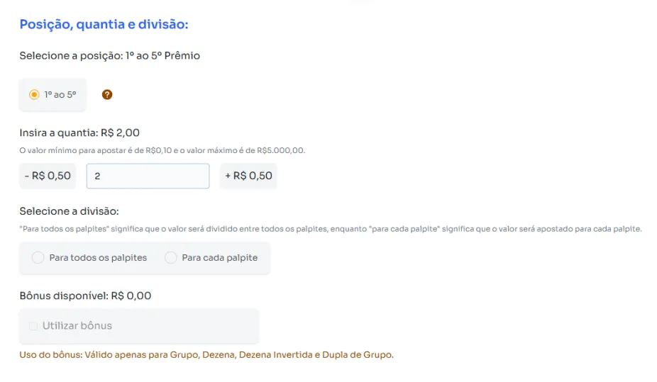 Seção posição, quantia e divisão para jogar na Terno de Grupo.