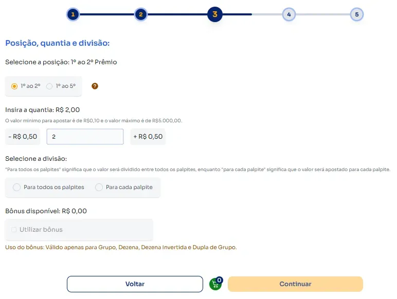 Seção posição, quantia e divisão para jogar na Passe vai e vem.