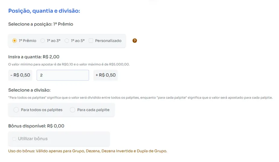 Seção posição, quantia e divisão para jogar na Milhar.