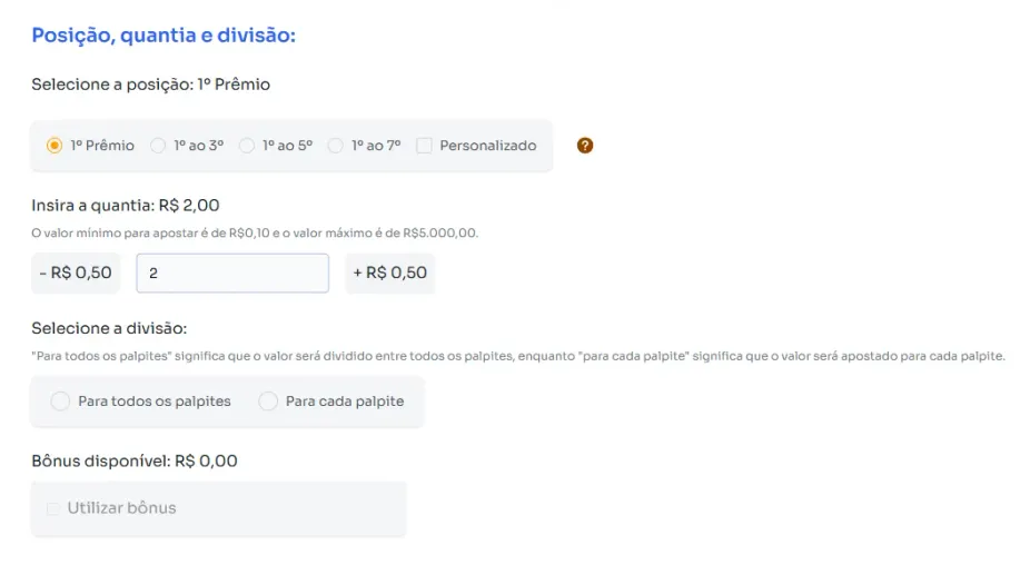 Seção posição, quantia e divisão para jogar na Centena.